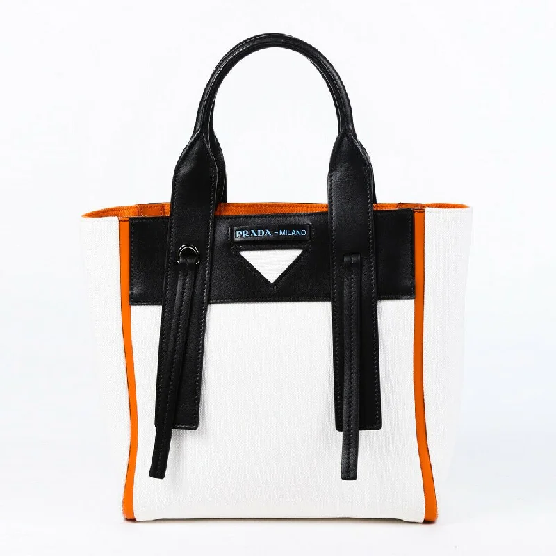 Prada Bag Ouverture Small White Orange Leather Canvas Tote