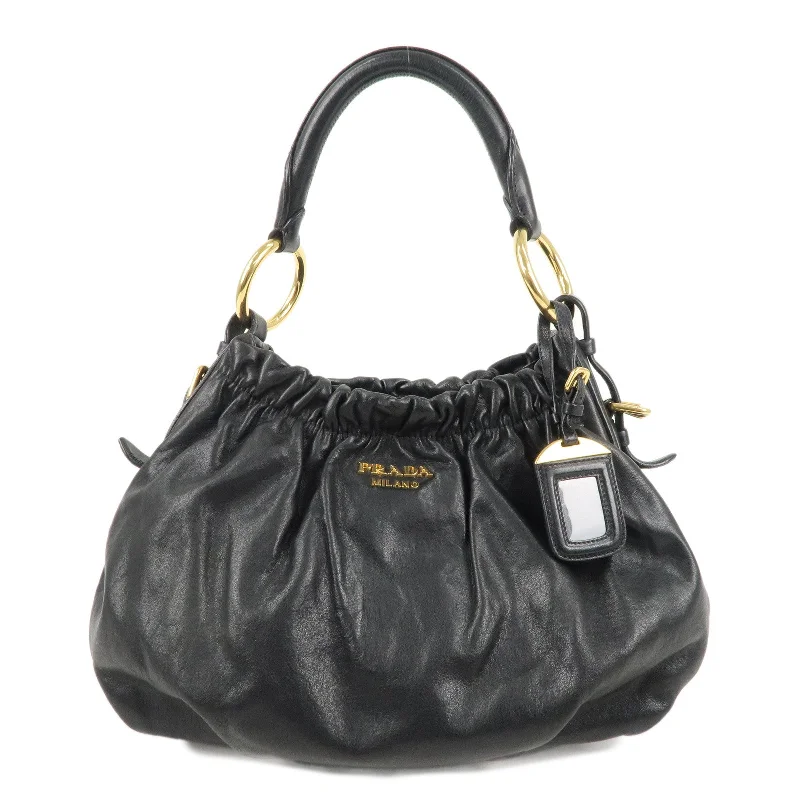 PRADA Logo Leather Shoulder Hand Bag Black Gold Hardware