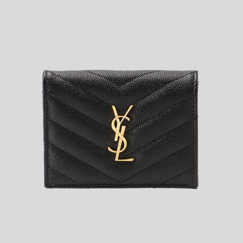 SAINT LAURENT YSL Cassandre Matelasse Flap Card Case Wallet In Grain De Poudre Embossed Leather Black/Gold 668290BOWA1