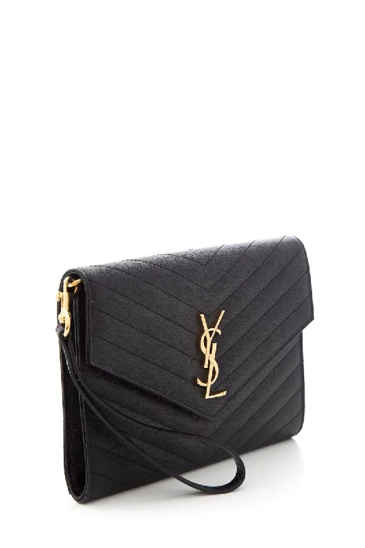 YSL Matelasse Grain De Poudre Black Leather Envelope Flap Pouch Clutch Bag