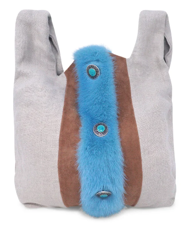 Simonetta Ravizza Beige Canvas & Blue Fur Tote