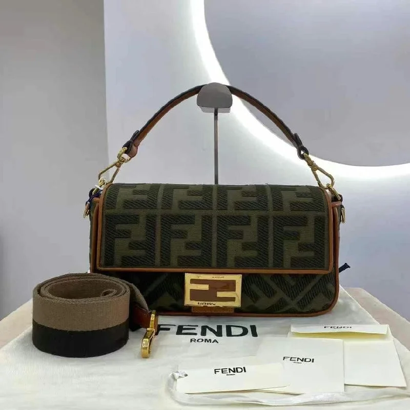 Fendi Baguette Green Canvas Brown Leather Shoulder Bag Medium