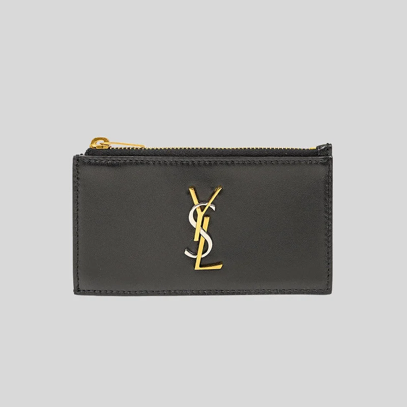 SAINT LAURENT YSL 2 Tone Logo Zipped Card Case In Smooth Leather Black 611558