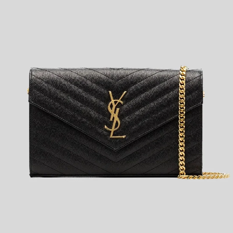 SAINT LAURENT YSL Matelasse Chain Wallet In Grain De Poudre Embossed Leather Black 377828BOW01