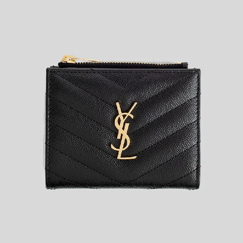 SAINT LAURENT YSL Cassandre Matelasse Bi-Fold Wallet In Grain De Poudre Embossed Leather Black 575879BOW01