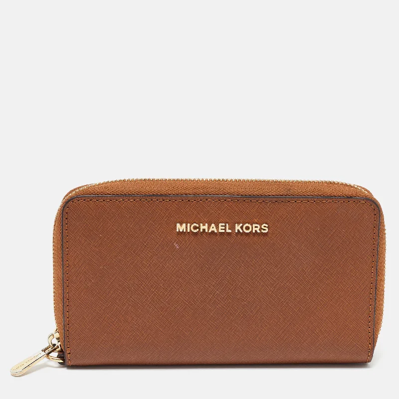 Brown Leather Logo Zip Around Wallet