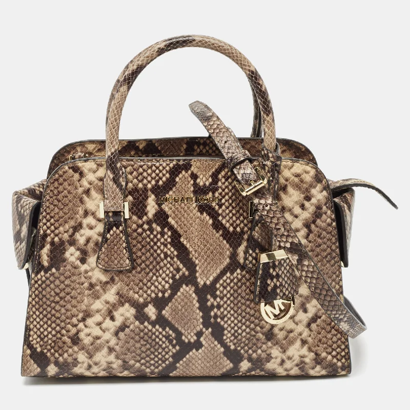 Beige Python Embossed Leather Medium Harper Satchel