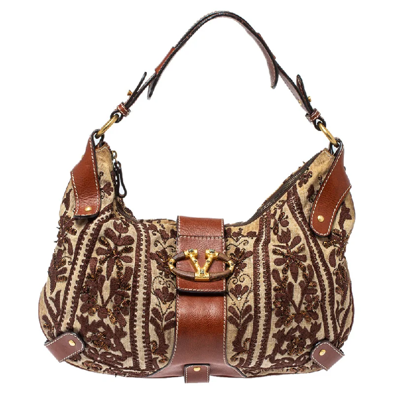 Beige/Brown Canvas And Leather Embroidered Hobo