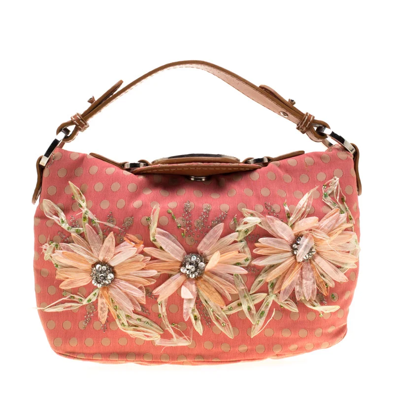 Coral/Brown Polka Dots Canvas and Leather Flower Embellished Tote