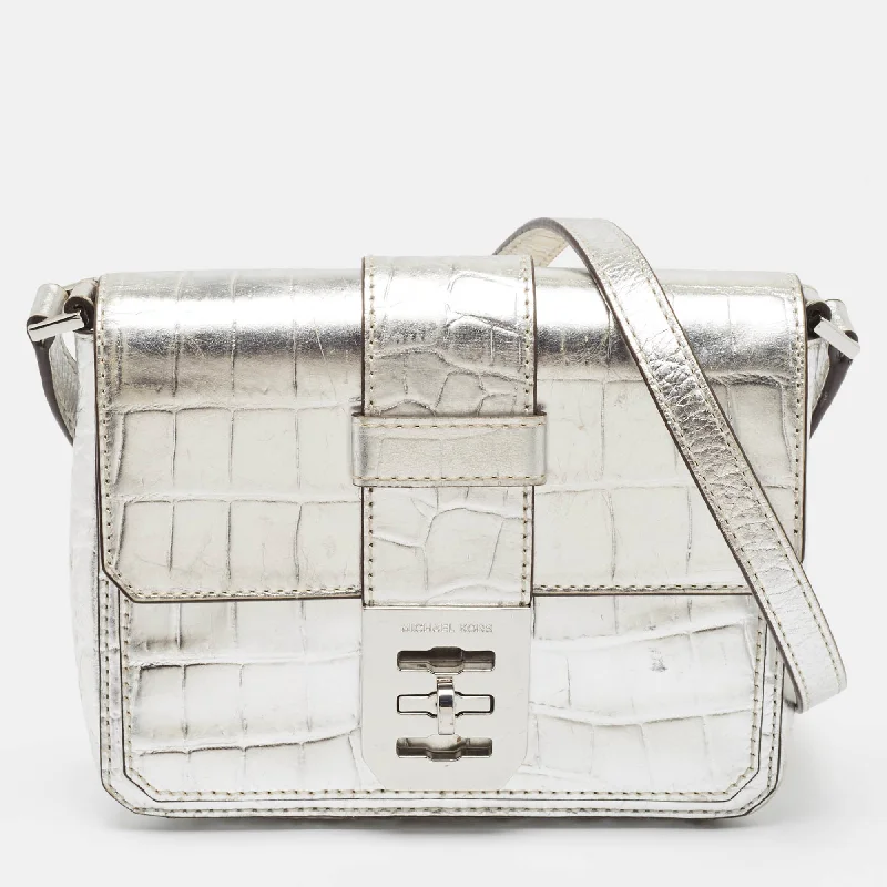 Silver Croc Embossed Leather Crossbody Bag