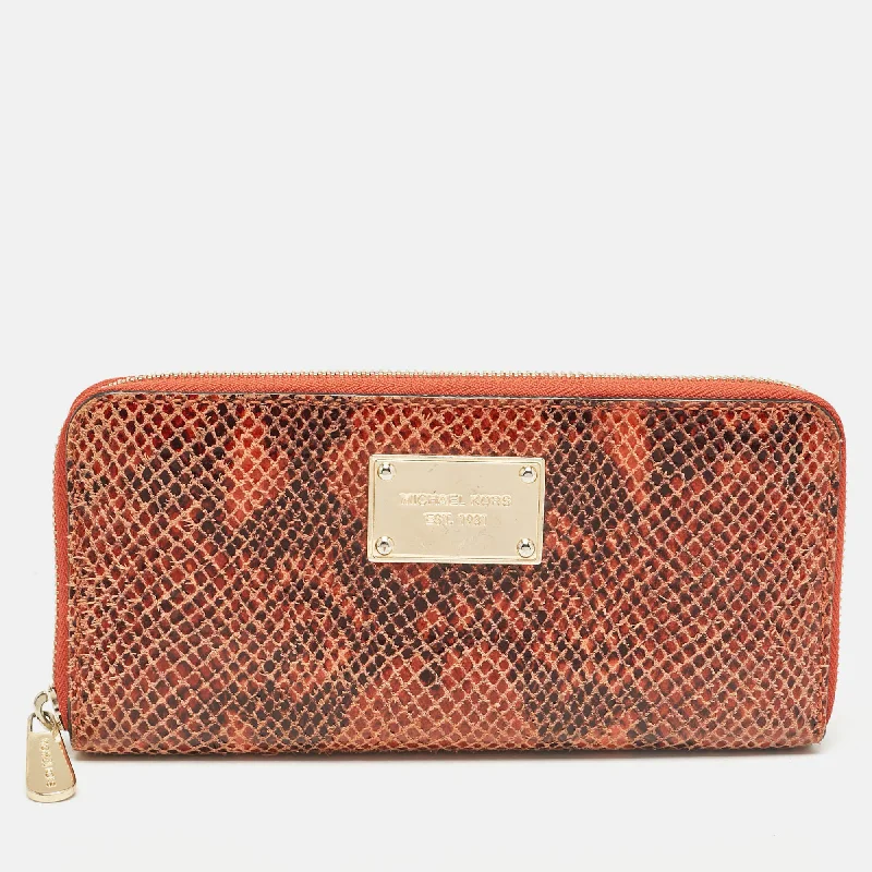 Orange/Brown Snakeskin Embossed Leather Jet Set Zip Around Wallet