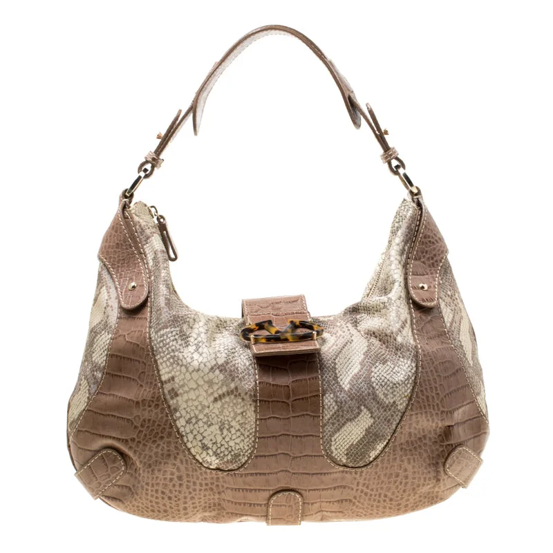 Beige Croc Embossed Leather and Python Print Canvas Hobo