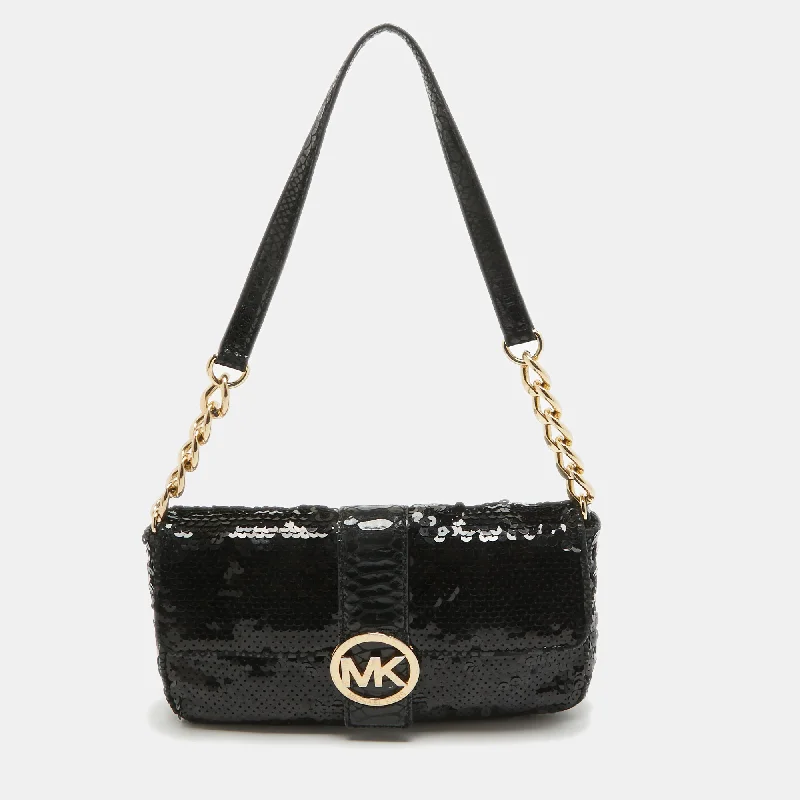 Black Python Embossed and Sequins Logo Flap Shoulder Bag