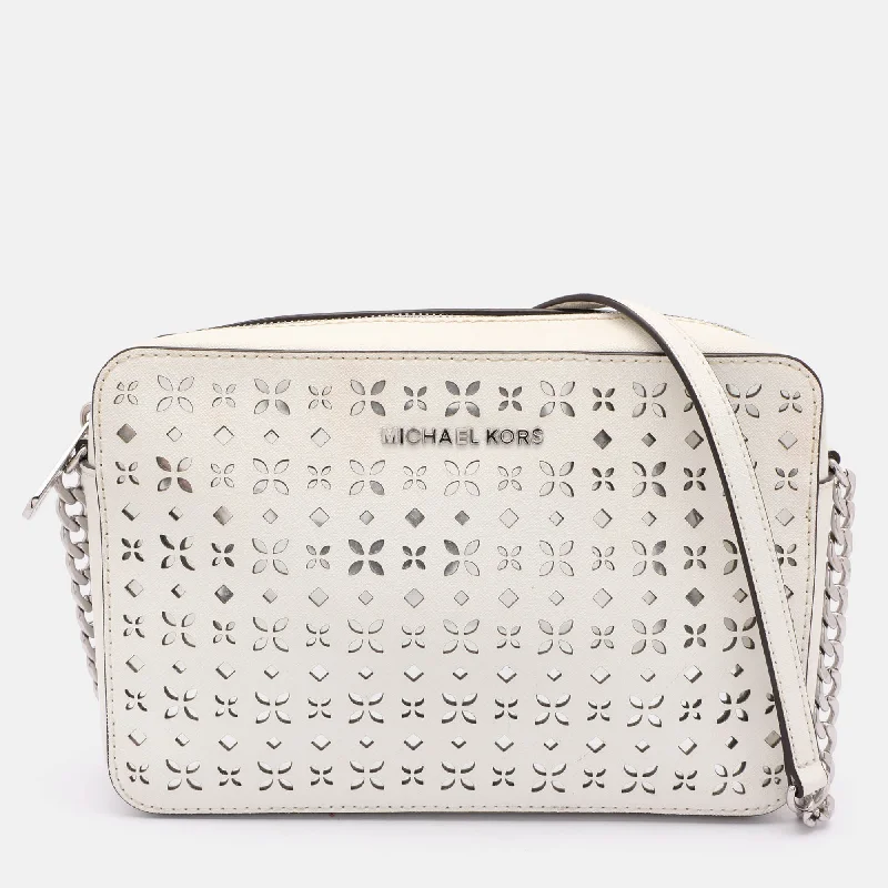 White Leather Laser Cut East West Crossbody Bag