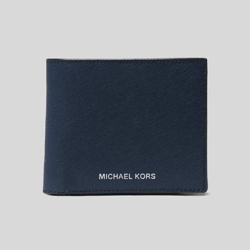 MICHAEL KORS Harrison Saffiano Leather Billfold Wallet With Coin Pocket Navy 36S4LHRF3L