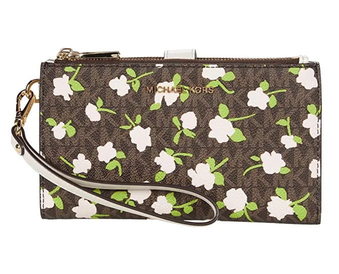 Michael Kors Jet Set Double Zip Floral Brown Multi Imported Wristlet New