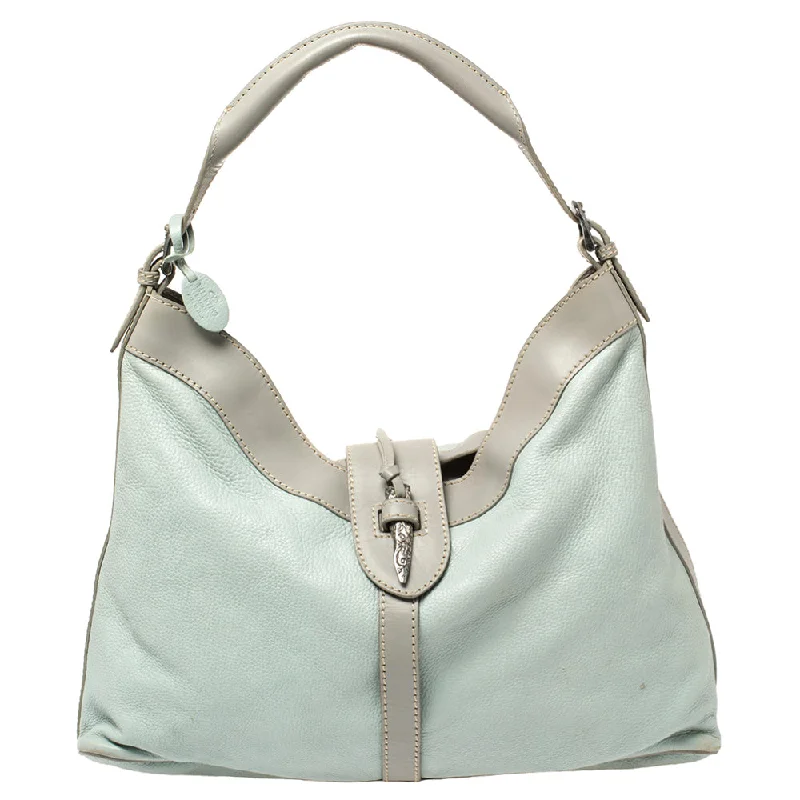 Mint Blue/Grey Grain Leather Metal Flap Hobo