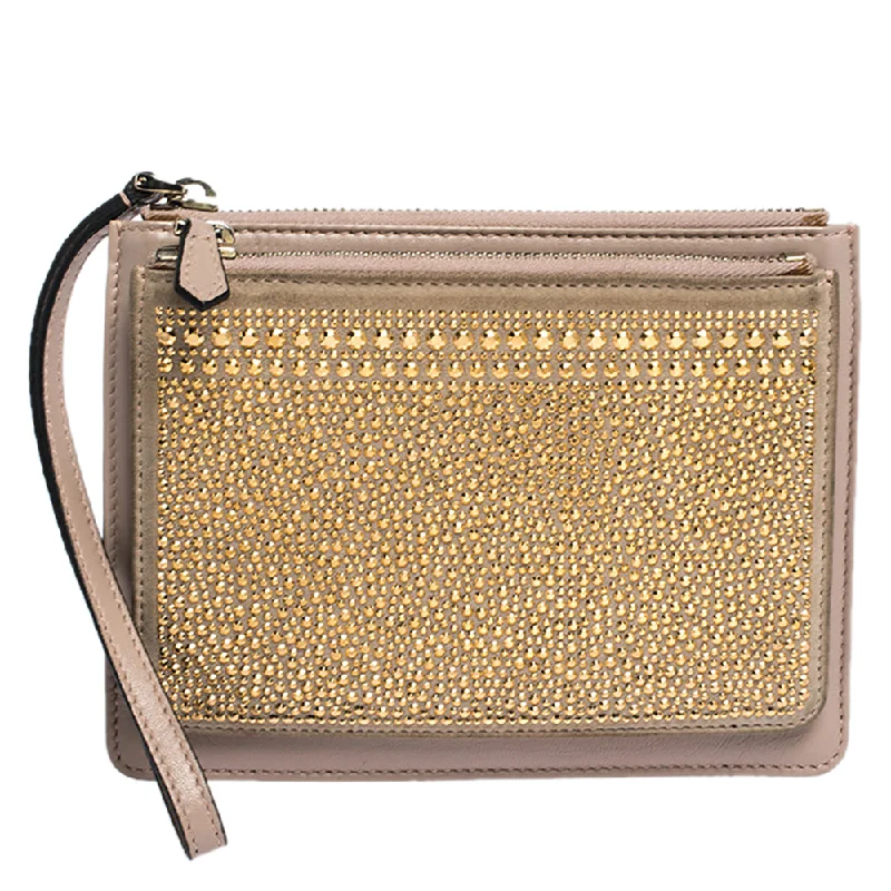 Nude Beige/Gold Leather and Suede Studded Wristlet Pouch