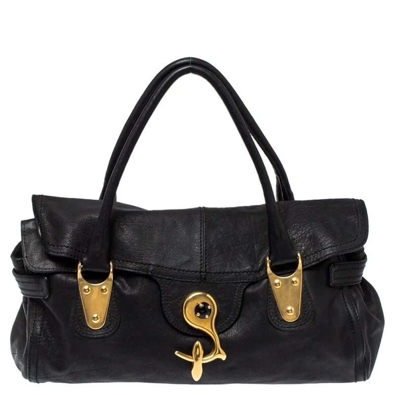 Black Soft Leather Clasp Flap Satchel