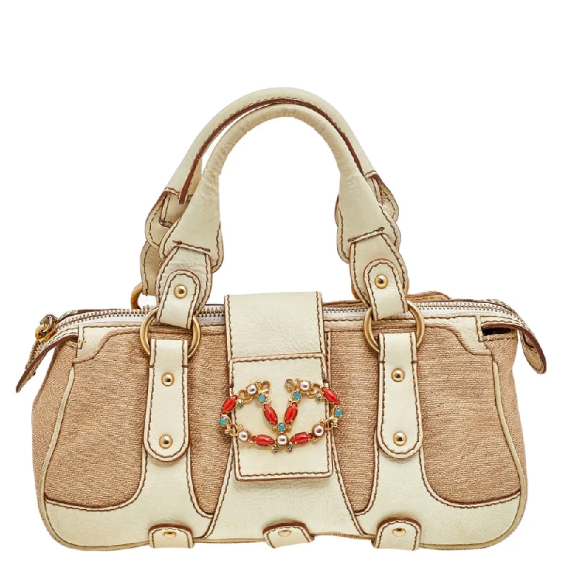 Cream/Beige Fabric And Leather VLogo Flap Shoulder Bag