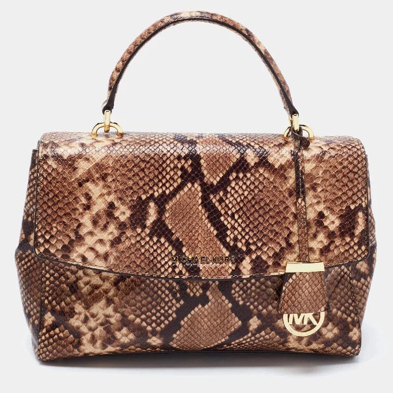 Michael Kors Ava Medium Python Snake Satchel Shoulder Bag Purse Beige Brown New