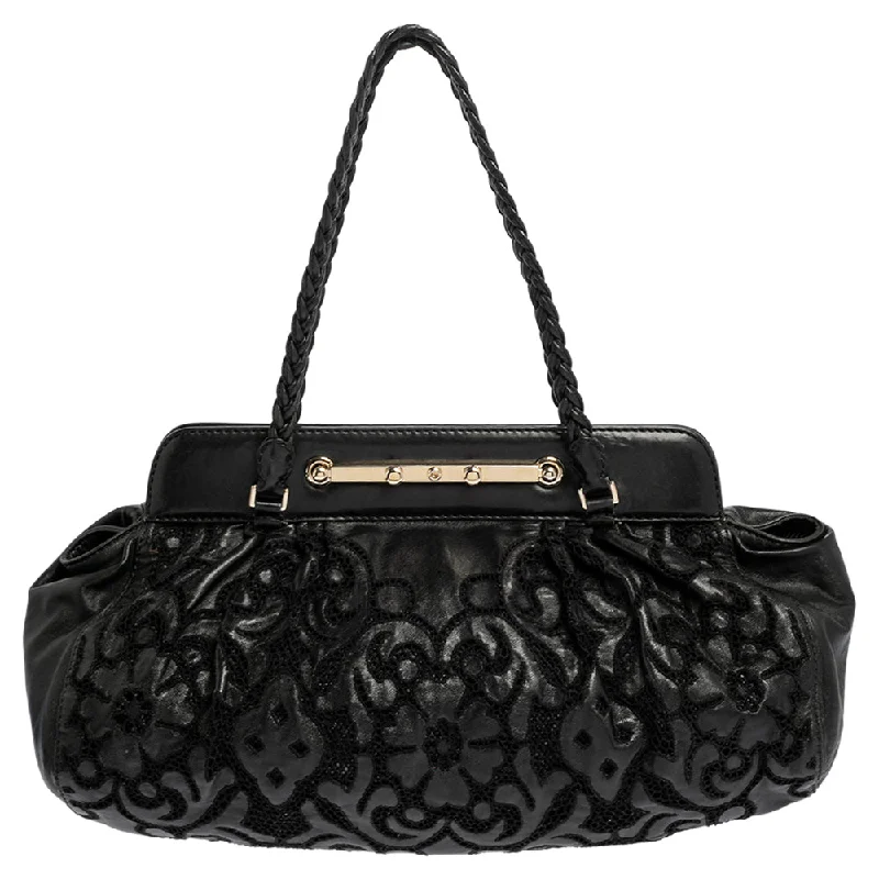 Black Leather Floral Embroidered Frame Satchel