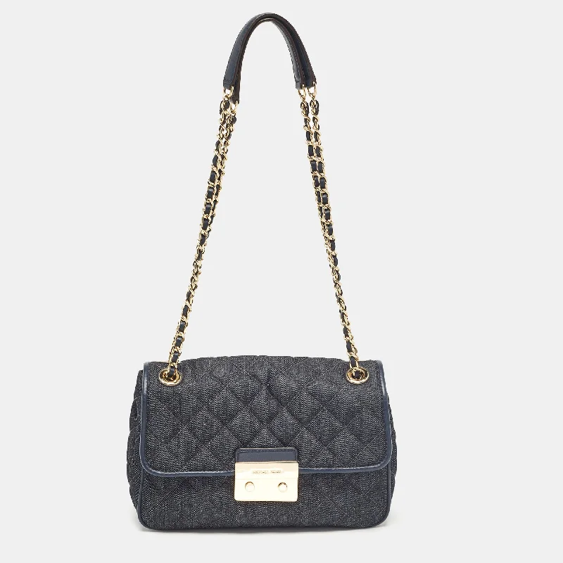 Navy Blue Quilted Denim and Leather Sloan Shoulder Bag