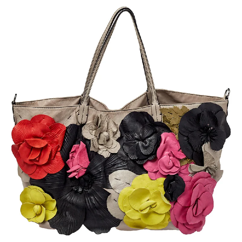 Grey Leather Floral Applique Tote