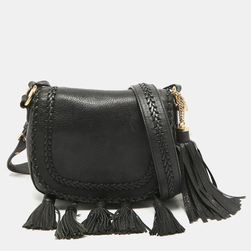 Black Leather Moroccan Saddle Crossbody Bag