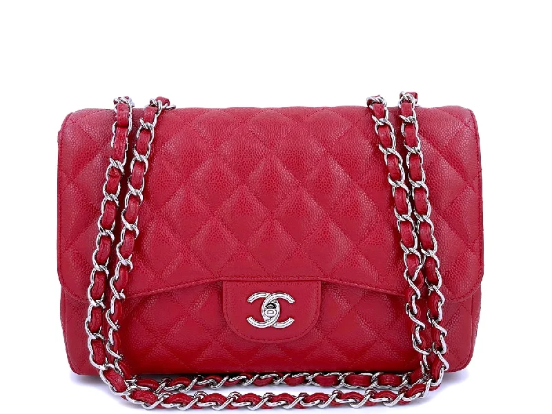 10C Chanel Red Caviar Jumbo Classic Flap Bag SHW