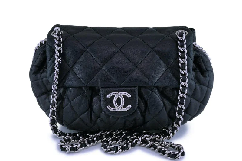 Chanel Black Textured Calf Medium Chain Around Crossbody Flap Bag SHW