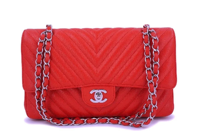 Chanel Red Caviar Medium Chevron Classic Double Flap Bag SHW