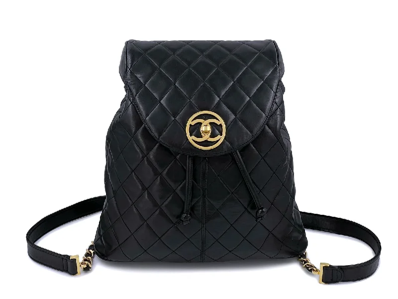 Chanel Vintage 1992 Black Quilted Classic Backpack Bag Encircled CCs