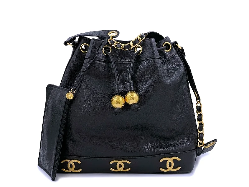 Chanel Vintage 1994 Black Caviar Drawstring Tote Bucket Bag 24k GHW