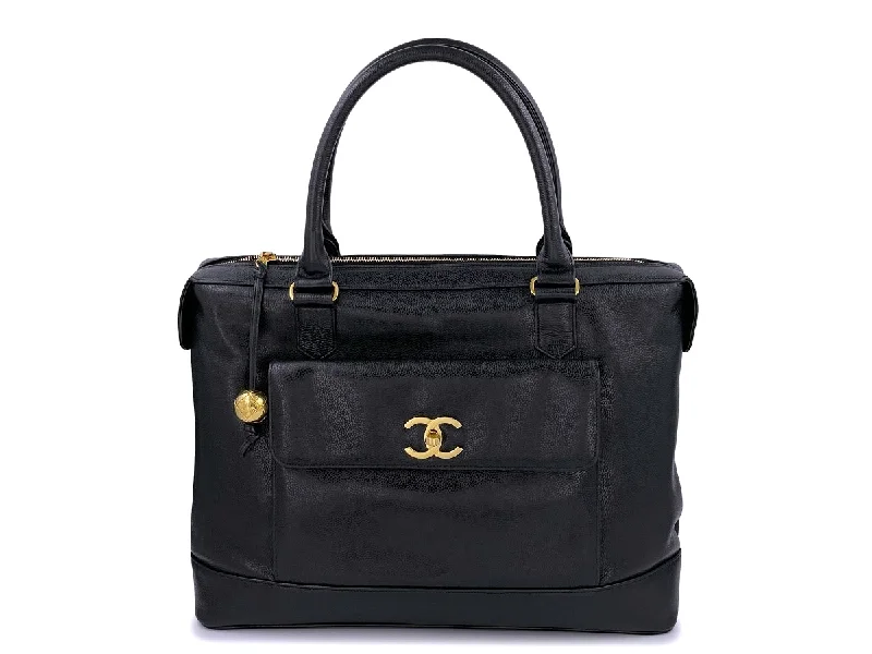 Chanel Vintage 1994 Black Caviar Zipped Briefcase Tote Bag 24k GHW