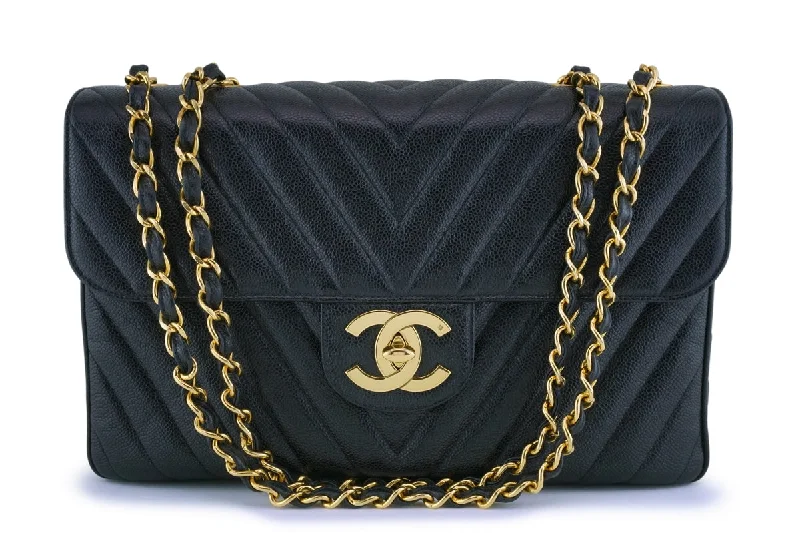 Chanel Vintage Black Caviar Chevron Classic Maxi XL Flap Bag 24k GHW