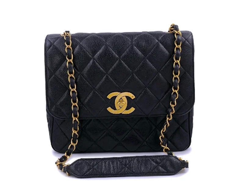 Chanel Vintage Black Caviar Tall Jumbo Classic Crossbody Flap Bag 24k GHW