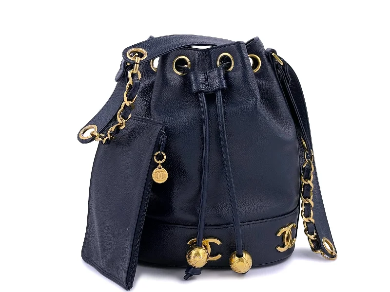 Chanel Vintage Navy Blue Caviar Small Classic Bucket Drawstring Bag 24k GHW