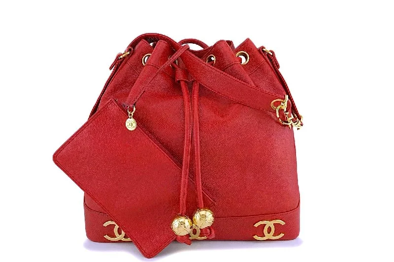 Chanel Vintage Red Caviar CC Drawstring Bucket Bag 24k GHW