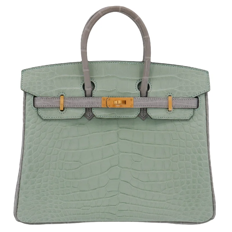 Hermès 25cm Birkin HSS Vert D'eau/Gris Perle Matte Alligator Brushed Gold Hardware