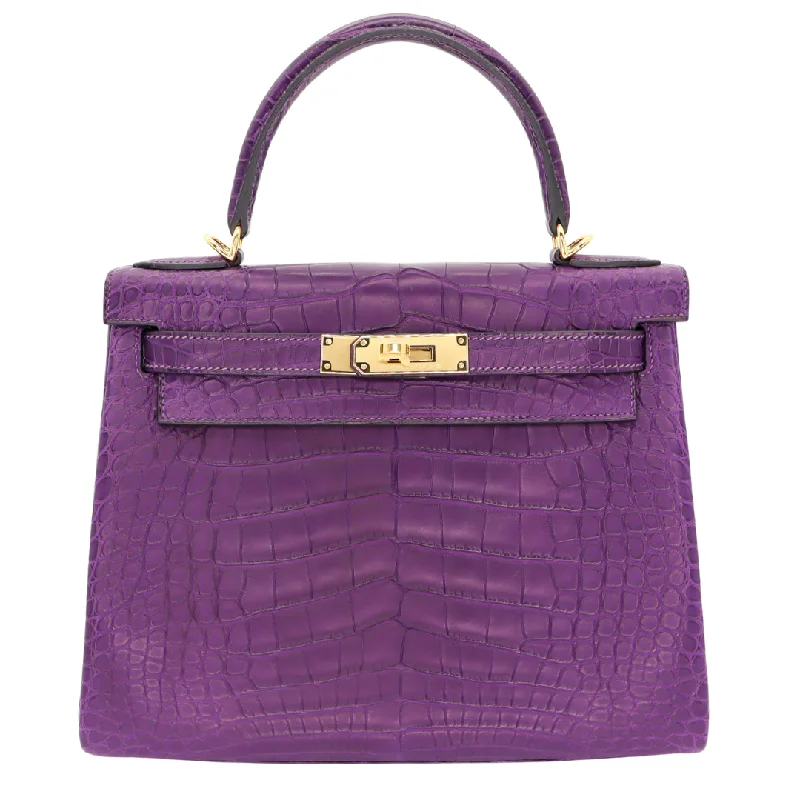 Hermès 28cm Kelly Retourne Amethyst Matte Alligator Gold Hardware