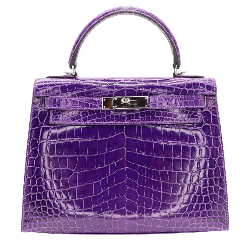 Hermès 28cm Kelly Sellier Ultraviolet Shiny Niloticus Crocodile Palladium Hardware