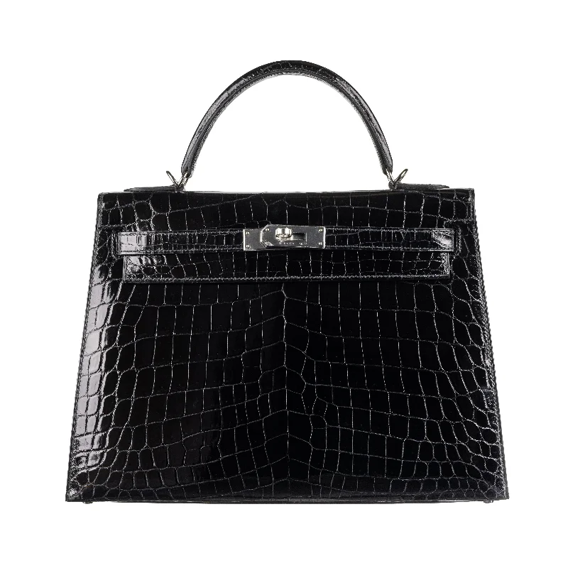 Hermès 32cm Kelly Black Shiny Niloticus Palladium Hardware