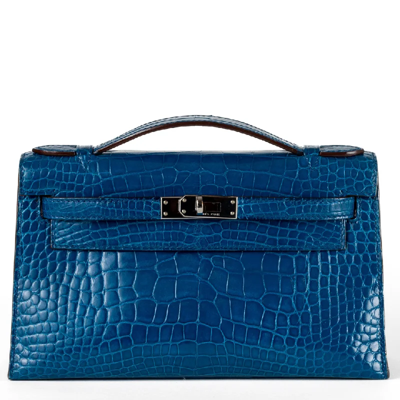 Hermes Blue Izmir Porosus Croc Kelly Pochette w/ Palladium Hardware