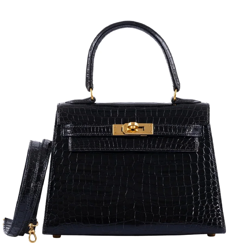 Hermès Kelly 20 Mini Sellier Vintage Shiny Black Noir Porosus Crocodile with Gold Hardware