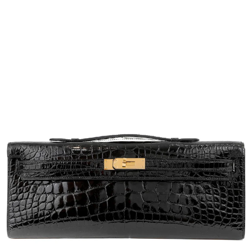 Hermes Kelly 2022 Black Crocodile Cut Clutch w/ Gold Hardware