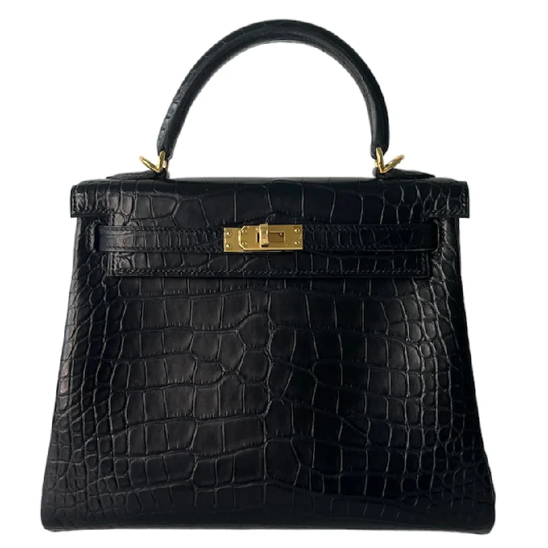 Hermes Kelly 25 Black Matte Crocodile Gold Hardware