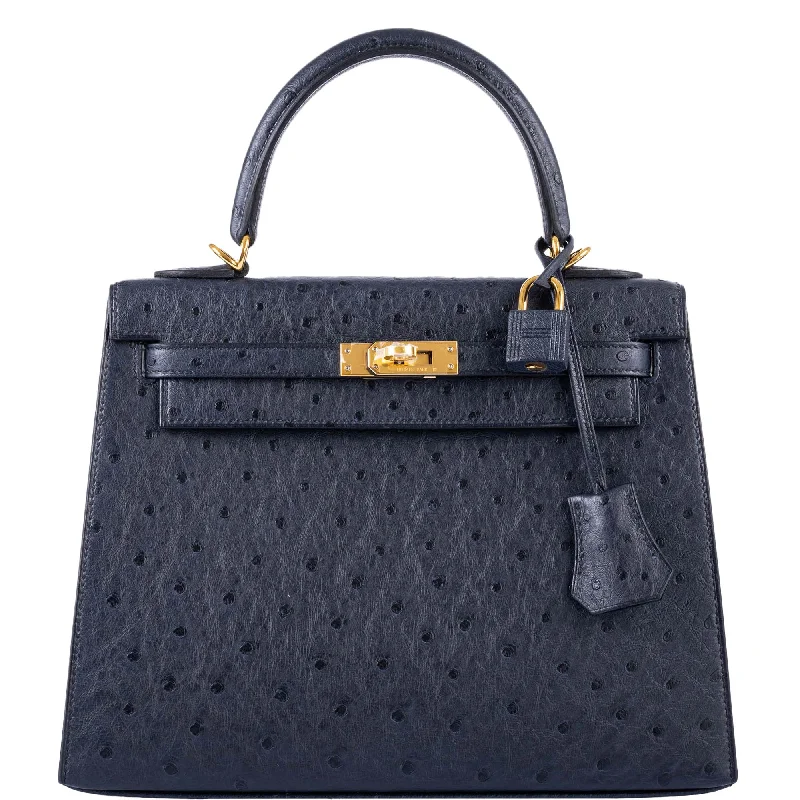 Hermès Kelly 25 Sellier Indigo Ostrich leather Gold Hardware