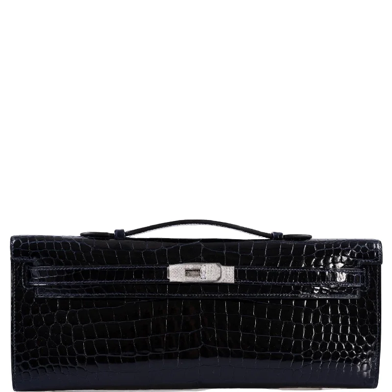 Hermès Kelly Cut Blue Marine Porosus Crocodile with Diamond and White Gold Hardware