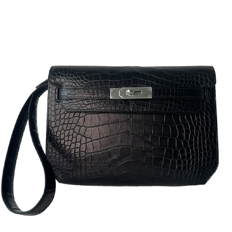 Hermés Kelly Depeches 25 Pochette Black Matte Alligator Palladium Hardware